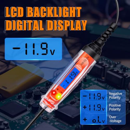 AWBLIN Automotive Test Light 3-72V DC Digital Light Tester | Voltmeter, Heavy Duty Auto Circuit Tester, LCD Backlight Display and LED Indication, Electric Test Pen with Illumination