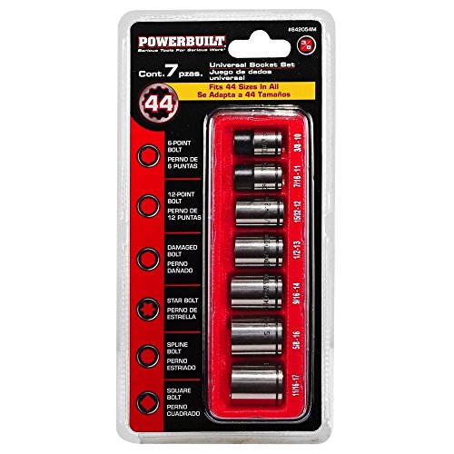 Powerbuilt 7-Piece 3/8-Inch Drive Universal Spline Socket Set with Dual Finish – Fits SAE, Metric, Hex, 6-Point, 12-Point, E-Torx, Spline, and Square Fasteners - 642054 - size: 3/8 in.
