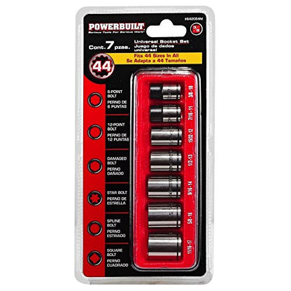 Powerbuilt 7-Piece 3/8-Inch Drive Universal Spline Socket Set with Dual Finish – Fits SAE, Metric, Hex, 6-Point, 12-Point, E-Torx, Spline, and Square Fasteners - 642054 - size: 3/8 in.