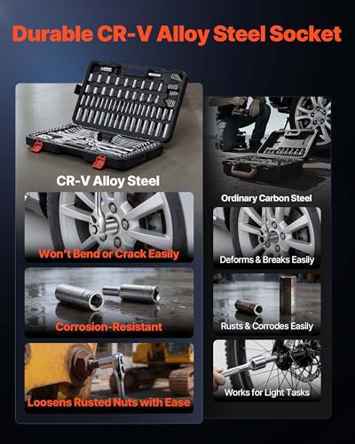 VEVOR Mechanics Tool Set, 159-Piece Mechanic Tool Kit, 1/4 in, 3/8 in, and 1/2 in Drive, SAE and Metric Socket Set, Wrenches, Screwdriver Bits, Accessories, and Storage Case, for Automotive Repair - size: 1/4"&3/8"&1/2", style: 159 PCS