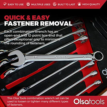 Olsa Tools 15 Pcs Metric Combination Wrench Set, Sizes 8-22mm, Unbreakable, Chrome Vanadium Steel, Polycarbonate