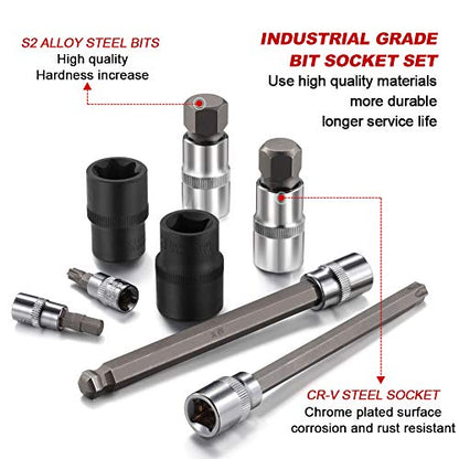 107-Piece Allen and Torx Bit Socket Set, 1/4", 3/8" and 1/2" Drive Hex/Ball End Hex/Extra Long Tamper Proof Torx SAE & Metric Bit Set
