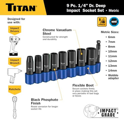 Titan 46401 9-Piece 1/4-Inch Drive Metric Deep Impact Socket Set, 6-Point, Metric Sizes 6 to 14mm - size: 9-Piece Metric Deep, style: 1/4-Inch Drive
