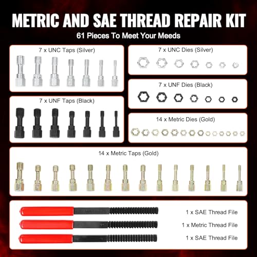 VEVOR Thread Restorer Kit 61Piece Thread Chaser Set - UNC UNF and Metric Thread Restorer Tool wit Thread Files Storage Case - Heat Treated Steel for Mechanics DIY Enthusiasts - size: 61PCS, style: SAE&METRIC