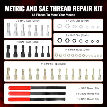 VEVOR Thread Restorer Kit 61Piece Thread Chaser Set - UNC UNF and Metric Thread Restorer Tool wit Thread Files Storage Case - Heat Treated Steel for Mechanics DIY Enthusiasts - size: 61PCS, style: SAE&METRIC