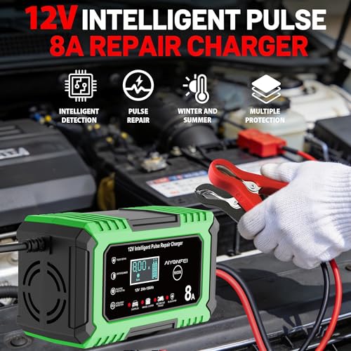 12V Battery Charger 8-Amp Smart Trickle Charger, Green | Battery Maintainer and Desulfator, Temperature Compensation, for Car, Truck, SUV, Motorcycle, Boat, Lead Acid, LiFePO4 - color: Green