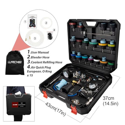LLNDEI Coolant Radiator Pressure Tester Kit 28PCS Radiator Pressure Tester Pneumatic Vacuum Cooling System Purge Refill Leak/Refiller Set, Universal Automotive Domestic/Import Vehicles, Motorcycle