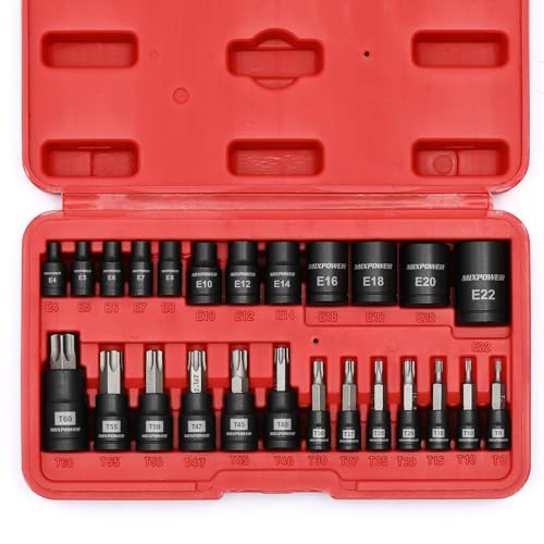 MIXPOWER 25 Piece Torx Bit and Socket Set, 13 Star Bits (T8- T60) & 12 E-Torx Sockets (E4-E22), Professional Grade Auto & Motorcycle Mechanic Set - size: T8-T60,E4-E22(25PCS)