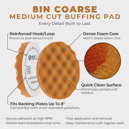 TCP Global 8" Orange Waffle Foam Buffing Pad Hook and Loop Backing - Coarse Buffing Pad for Polishing, Automotive, Marine, Truck, RV & Compound Cutting, Car Polishing Pads - color: Orange