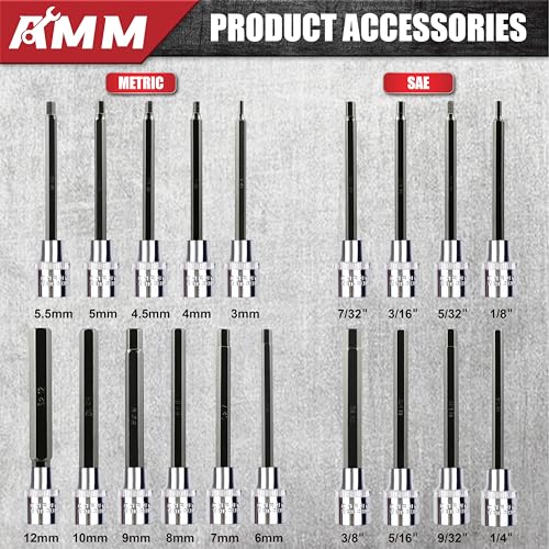 AMM 3/8 Inch Drive Extra Long allen hex bit socket set,19-Piece Standard SAE & Metric Allen socket set, S2 Alloy steel, Automobile repair tools