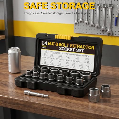 Bolt Extractor Set Heavy Duty, 14Pcs Impact Nut & Bolt Remover Kit with 3/8" Adapter, Stripped Lug Nut Extractor Tool for Rusted, Rounded, Damaged Nuts & Screws - size: 14PCS