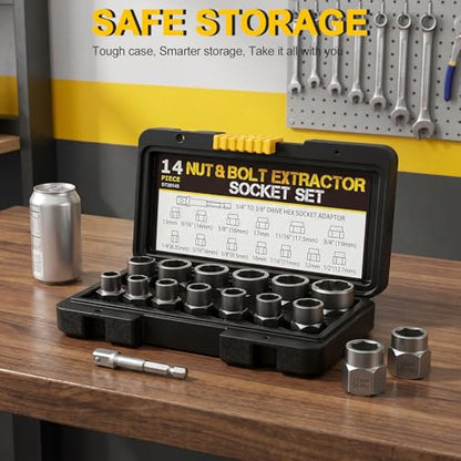 Bolt Extractor Set Heavy Duty, 14Pcs Impact Nut & Bolt Remover Kit with 3/8" Adapter, Stripped Lug Nut Extractor Tool for Rusted, Rounded, Damaged Nuts & Screws - size: 14PCS