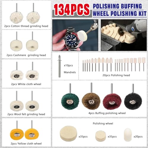 137PCS Buffing Wheel Polishing Kit Compatible with Dremel, with Polish Compound, Rotary Tool Accessories with 1/8" Shank, Abrasive Wheel Buffing Polishing Wire Brushes Wool Felt Cotton Mounted