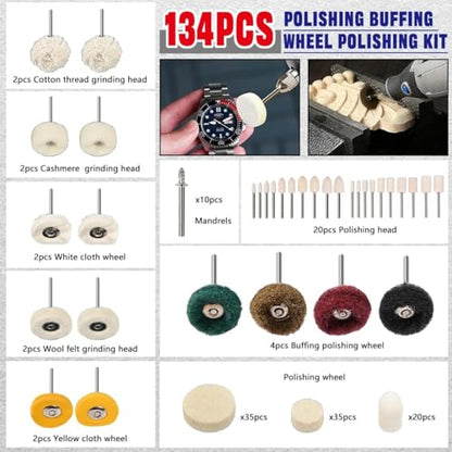 137PCS Buffing Wheel Polishing Kit Compatible with Dremel, with Polish Compound, Rotary Tool Accessories with 1/8" Shank, Abrasive Wheel Buffing Polishing Wire Brushes Wool Felt Cotton Mounted