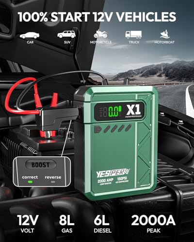 YESPER Jump Starter with Air Compressor 2000A 150PSI Battery Jumper Starter Portable(8L Gas/6L Diesel), 12V Car Jump Pack Battery Charger Jump Box with Jumper Cables, LCD Display, Lights - color: Green