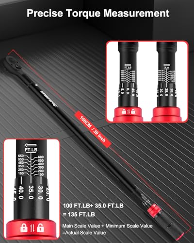 ATsafepro 3/4 Torque Wrench 100-650 Ft-Lb – ±3% Accuracy, Reversible 48-Tooth Ratchet, Cr-V Steel, Dual Scale, 3/4" Drive Click Heavy Duty Precision Torque Wrench for Truck, RV, Heavy Equipment - style: 3/4" 100-650 FT.LB Torque Wrench