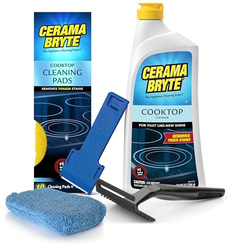 Cerama Bryte Complete Cooktop Cleaning Kit, 10 Cleaner Pads, 1 POW-R Grip Tool, 1 Scraper, and 1 Microfiber Cloth, 28 Fl Oz
