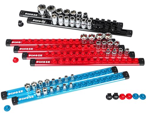 PINOZE 8PCS Magnetic Socket Holder Organizer Set - 1/4, 3/8, 1/2 - Aluminum Alloy Socket Rail Trays for Tool Box Drawer, Socket Rack Kit with 114Pcs Clips for Automotive Garage(Blue Red Black) - size: 8pcs - 1/2", 3/8", 1/4" DR