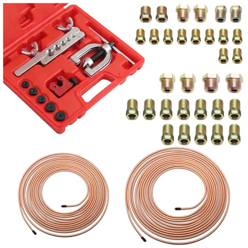 Brake Line Flaring Tool Kit,Complete Brake Line Kit with Tubing (25Ft 3/16" + 25Ft 1/4"),Double & Single Flare Tool,Portable Brakes Lines Repair Kits for Most Hydraulic Systems