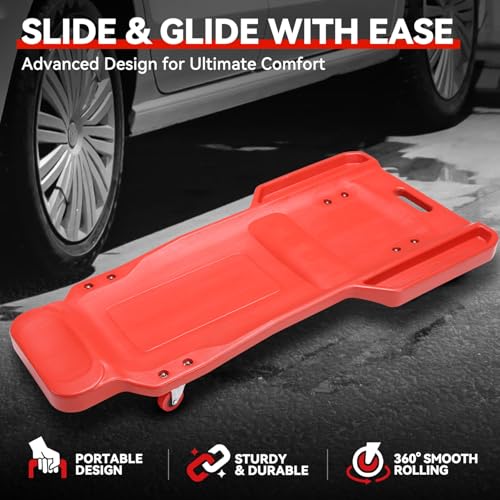 Auto Dynasty Universal 38" L X 14" W Red Lightweight Rolling Mechanic Creeper Seat Repair Tool for Car Vehicle Home Warehouse - color: Red T Shape