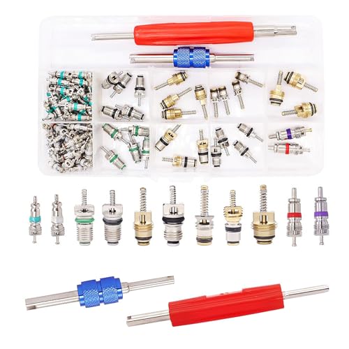 102PCS Air Conditioning Valve Core Kit, A/C R12 R134a Refrigerant Accessories Kit, AC Refrigeration Tire Valve Stem with Double Head Dual Dismantling Remover Tool Assortment Set