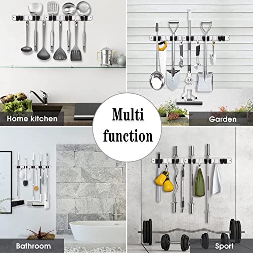 2 Pack Mop and Broom Holder Wall Mount, 5 Racks and 4 Hooks Broom Organizer Storage Tool Racks Stainless Steel Heavy Duty Hooks Self Adhesive Solid Non-slip for Home Kitchen Garden Laundry Garage | Mop Holder Wall Mount and Broom Hanger for Garage, Laundr