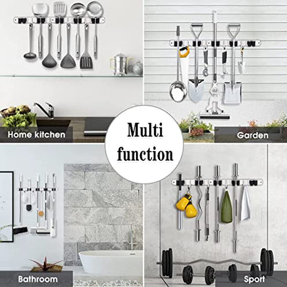 2 Pack Broom Holder Wall Mount, 5 Racks 4 Hooks Mop and Broom Organizer | Mop Holder Wall Mount and Broom Hanger for Garage, Laundry Room, Kitchen and Utility Storage - color: 5 Racks & 4 Hooks (Silver) - 2 Pack