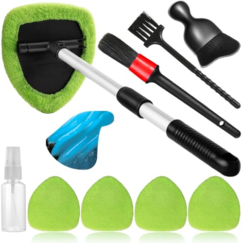 Qydipclin 10pcs Windshield Cleaner Tool, Car Window Cleaning Wash Kit with 4 Reusable Microfiber Pads 1 Spray Bottle and Extendable Handle Auto Glass Wiper Kit, Green - color: Green