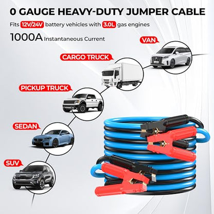 0 Gauge 25 Feet Jumper Cables Heavy Duty for Car, 1000 Amp Automotive Booster Battery Jumper Cables for SUV and Trucks with Carry Bag, Gloves, Brushes - size: 0 Gauge 25FT