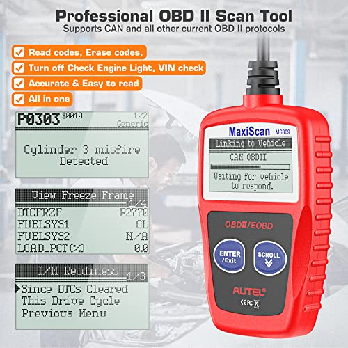 Autel OBD2 Scanner MS309 Universal OBD II Scanner Car Engine Fault Code Reader CAN Diagnostic Scan Tool, Read and Clear Error Codes for 1996 or Newer OBD2 Protocol Vehicle