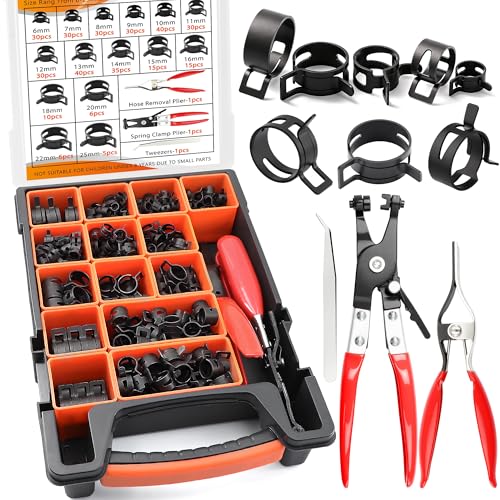 355Pcs 6-25mm Spring Hose Clamps Assortment Kit with Spring Clamp Plier,Hose Removal Plier,for Fuel Line,Vacuum Hoses,Silicone,Air Hose Applications - color: 355pcs 6-25mm