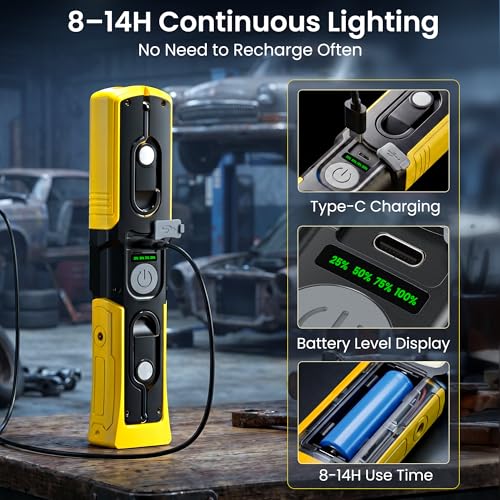 Magnetic Flashlight 6000mAh Rechargeable, LED Underhood Work Light 1 Pack | 5 Light Modes, 180° Rotating Base, Side Magnet, Hidden Hook, IP44 Waterproof,Car Mechanics, BBQ Grill, Gift for Dad, Men
