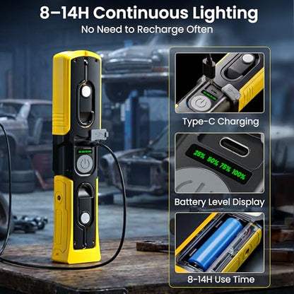 Magnetic Flashlight 6000mAh Rechargeable, LED Underhood Work Light 1 Pack | 5 Light Modes, 180° Rotating Base, Side Magnet, Hidden Hook, IP44 Waterproof,Car Mechanics, BBQ Grill, Gift for Dad, Men