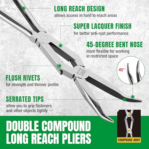 SK 2-Piece Long Needle Nose Pliers, 13'' Double Compound Long Nose Pliers | Straight Long Reach Pliers, 45° Extra-long Bent Nose Pliers,Premium CR-V Steel, with Comfort Grips