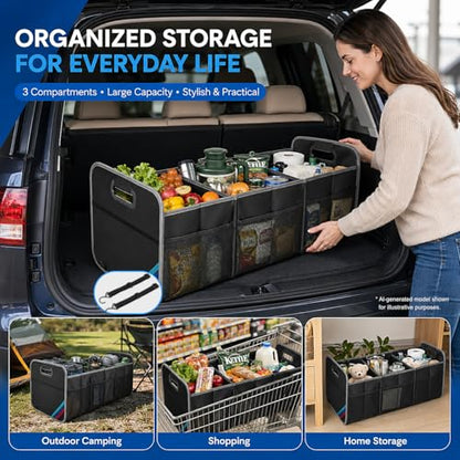 XL Car Trunk Organizer, 4 Compartments, 94L Capacity, Oxford Polyester 600D Material, Easy Fold and Store, Prevents Sliding | Rugged & waterproof large storage box. Features 94L capacity, 6 large mesh pockets & non-slip base for SUV, garage, camping - siz