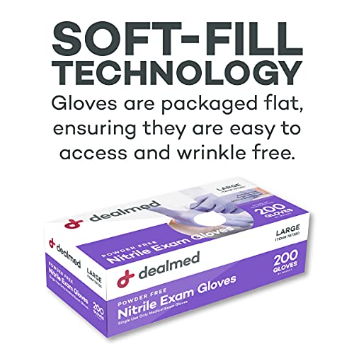 Dealmed Nitrile Exam Gloves - Latex Free, Disposable - 200 Count Large | Purple, Powder Free, Ambidextrous Fit, Extended Cuff, 9.5 in Length, A5 Cut Level, Medical Use, Waterproof - color: Purple (Pack of 1), size: Large (Pack of 200)