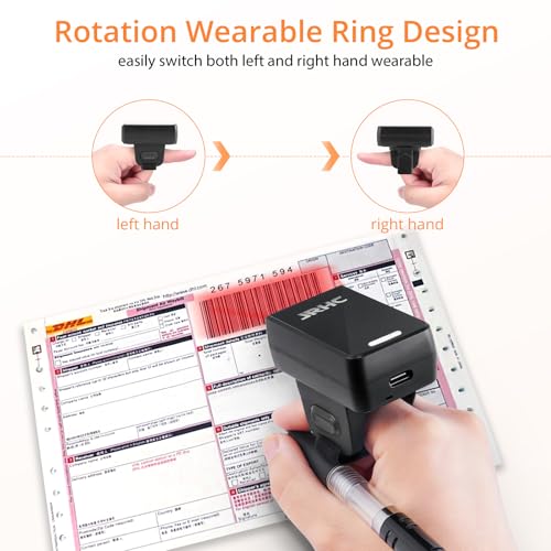 1D 2D Wearable Ring Barcode Scanner, Portable Mini Barcode Reader with 3-in-1 Bluetooth & USB Wired & 2.4G Wireless, Compatible with iOS, Android, Windows, Mac Tablets Or PC