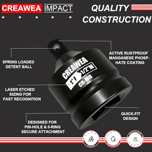 Impact Socket Adapter 1" F to 1/2" M, Cr-Mo Steel, Enhances Impact Driver Conversions, For Auto and Construction Use - size: 1" Female to 1/2" Male