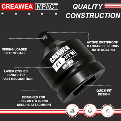 Impact Socket Adapter 1" F to 1/2" M, Cr-Mo Steel, Enhances Impact Driver Conversions, For Auto and Construction Use - size: 1" Female to 1/2" Male