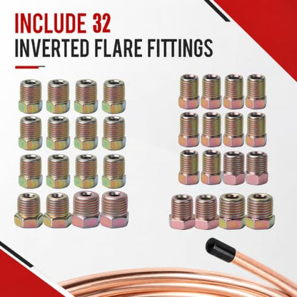 Joyzeal 25ft 3/16"+1/4" Copper Brake Line Kit, 16 Fittings+Flaring Tool | Corrosion Resistant, Hand-Bendable Steel Tubing, 4 Unions, Fits Cars Trucks SUVs, Multi-Material Compatible - size: 3/16''+1/4''