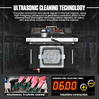 Fuel Injector Cleaner and Tester Machine, 6 Cylinder Fuel System Injection Cleaning Tester with Cleaning Fluid Heating, 3 Cleaning & 10 Testing Functions for GDl,EFI,FSI,12V/70V/120V Option - size: CT450