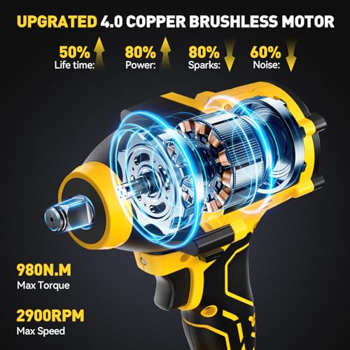 XGOLD DEVONIC Cordless Impact Wrench,750Ft-lb(980N.m) Brushless Impact Gun,2900RPM High Torque Impact Wrench,1/2 Inch with 3 Models,Charger & 6 Sockets, Power Impact Driver for Car Home