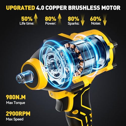 XGOLD DEVONIC Cordless Impact Wrench,750Ft-lb(980N.m) Brushless Impact Gun,2900RPM High Torque Impact Wrench,1/2 Inch with 3 Models,Charger & 6 Sockets, Power Impact Driver for Car Home