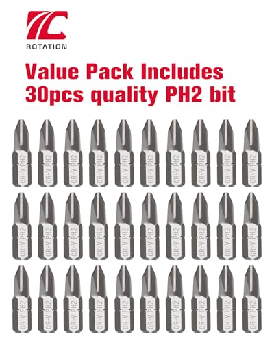 ROTATION 30pcs Phillips #2 Bit Set PH2, Impact Grade, 1/4" Hex Shank | PH2, Impact Grade, 1/4-inch Hex Shank, Chrome Vanadium Steel - color: Ph2