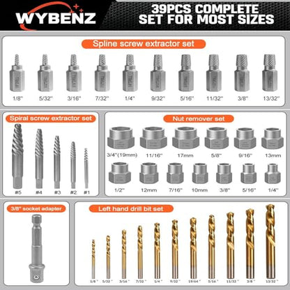 39PCS Screw & Bolt Extractor Set with Left Hand Drill Bit Set,Easy Out Screw Extractor Set,Multi-Spline Stripped Screw Extractor Kit, Bolt Extractor Kit for Studs, Rusted, Bolts & Screws - size: 39PCS