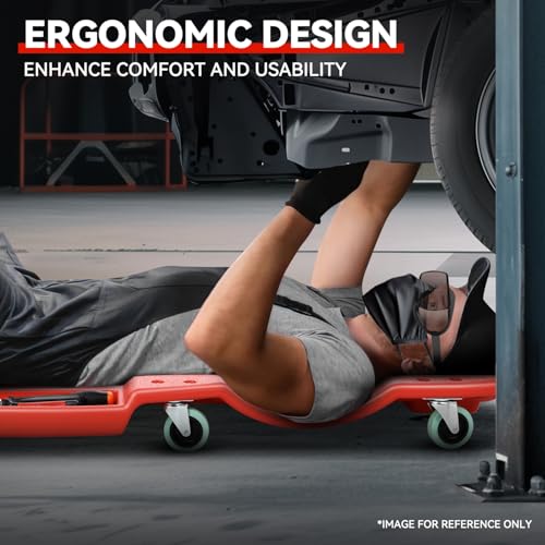 Auto Dynasty 47 Inches Mechanic Creeper, Automotive Garage Repair Low Profile Under Car Rolling Creeper with Padded Headrest, Plastic, Red - color: Red