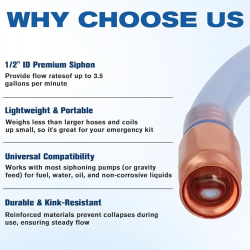 wadoy Shaker Siphon Hose 1/2",Gas Siphon Pump for Gasoline, safety siphon | 10FT Self-Priming Copper Valve, Extended PVC Hose for Gasoline, Diesel and Water, Ideal for Gas Cans, Boat and Lawn Equipment - size: 10FT