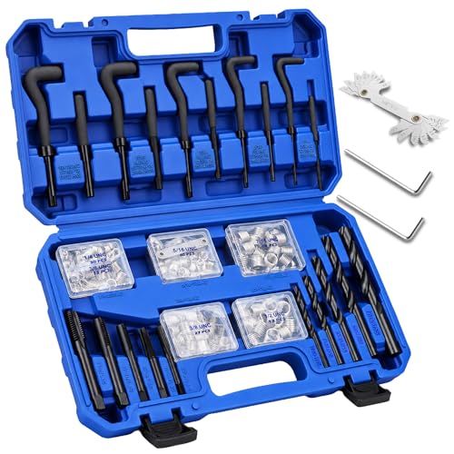 175PC SAE Thread Repair Kit, Thread Restorer Tool Set with HSS Drill Bits, Taps, Thread Inserts, Installation and Break-Off Tools for Stripped Threads, Automotive Repair, Metalworking and Garage Use - size: 175-Pc SAE Pro Kit