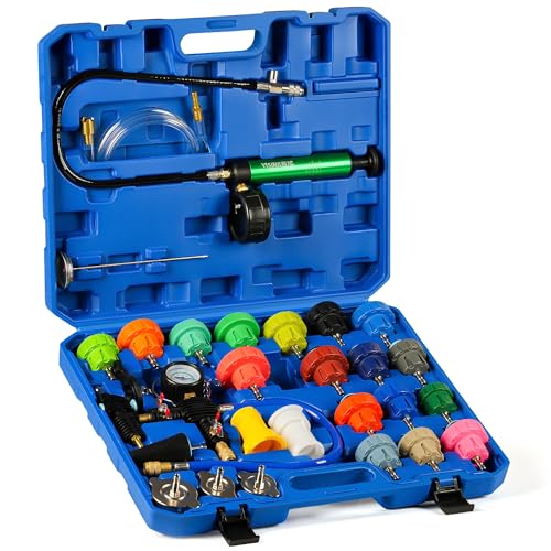 Universal 28PC Radiator Pressure Tester Kit,Coolant Pressure Tester Vacuum Refill Kit for Automotive Cooling System Water Tank Leakage Detection Coolant Pressure Tester with Vacuum Pump Vacuum Purge