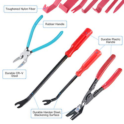 Glarks 11Pcs Auto Trim Removal Tool Kit, Universal Car Panel Trim Upholstery Rivets Clip Puller Plier Fastener Remover Automotive Door Panel Trim Removal Tool for Car Door Panel Dashboard